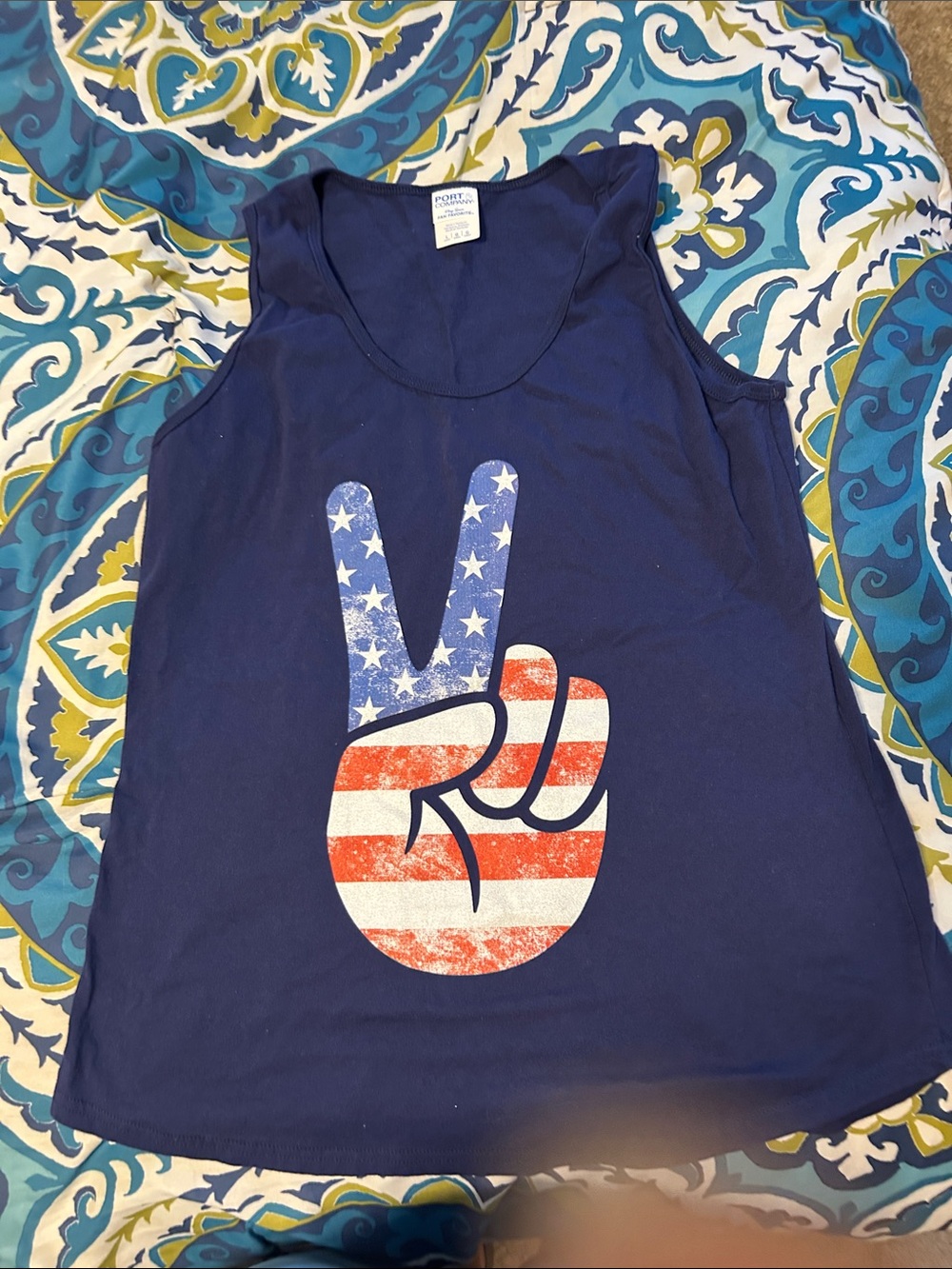Port and Company Navy Tank Top with American Flag Peace Sign